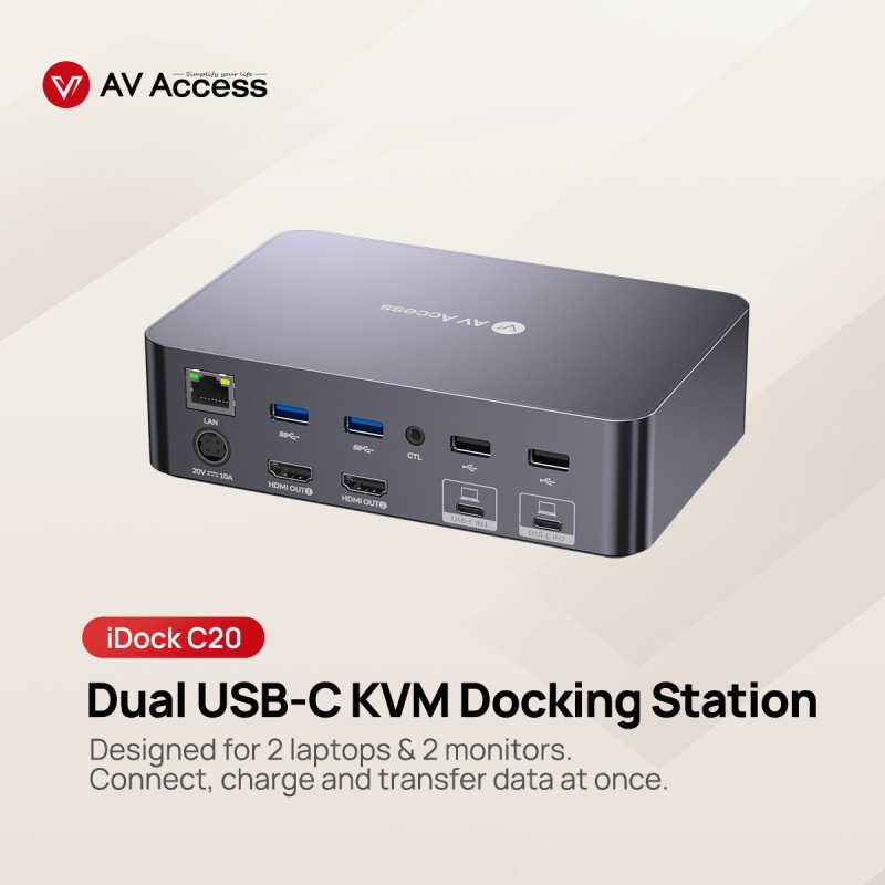 iDock C20 USB-C KVM Switch Docking Station dla 2 laptopów, 4K Dual Monitor Design