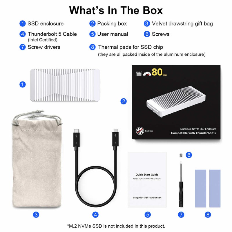 Abart Pro M.2 PCIe NVMe drive enclosure up to 80Gb/s compatible with Thunderbolt 5, Thunderbolt 4, and 3 USB4 up to 6000MB/s