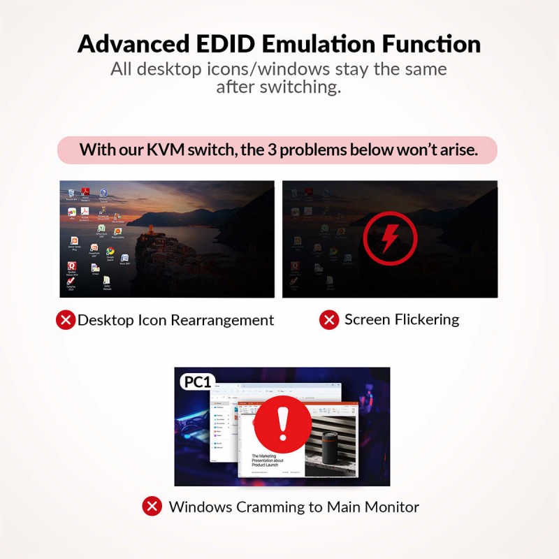 iDock KD-E10 KVM Switch Docking Station 2 PCs 2 Monitors 100W PD for Laptop, EDID Emulation, High Refresh Rates for Gaming