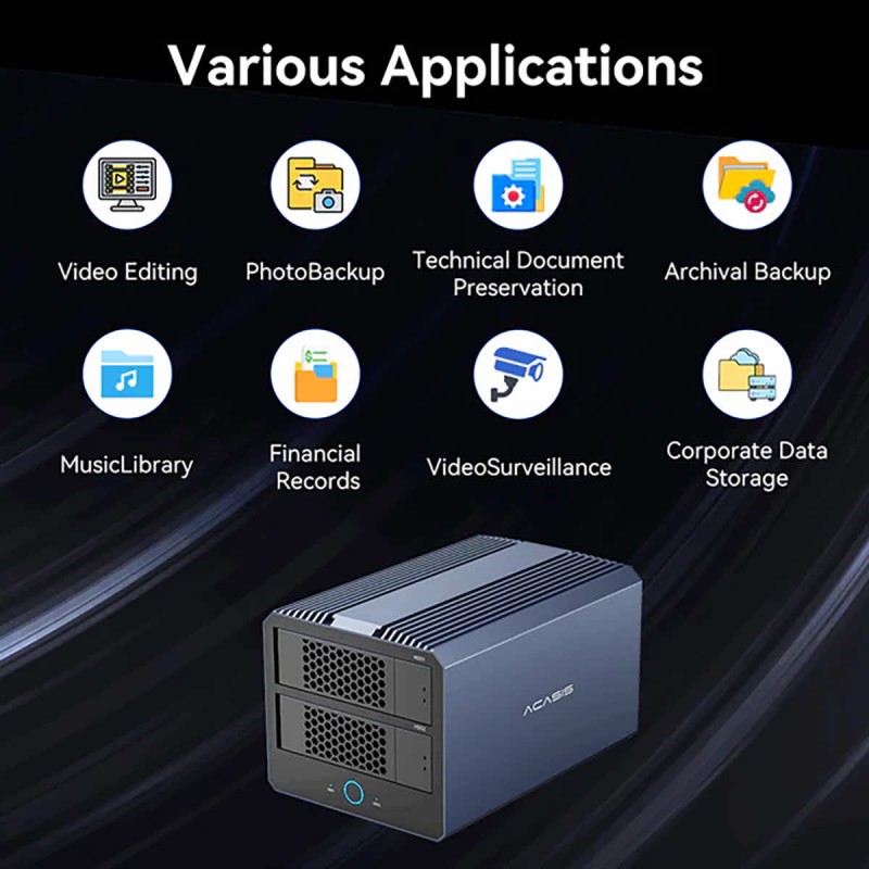Acasis 2x HDD/SSD SATA hardware RAID enclosure + 2x SSD NVMe 40Gb/s up to 6000MB/s Thunderbolt | USB4 + DisplayPort