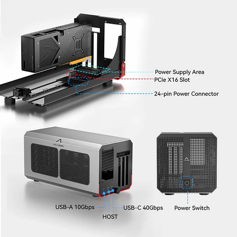 Acasis eGPU Dock 40Gb/s External Box for 1x PCIe 3.0 x16 to Thunderbolt | USB4 with USB-A 10Gb/s | with SFX 650W Power Supply