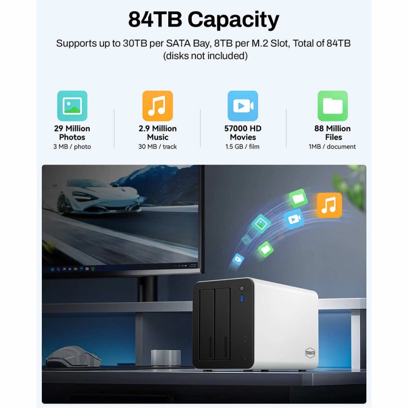 NAS TerraMaster F2-425 Plus 1x256GB NVMe + 2xM.2 Slot 0TB HDD 2x 5GbE 8GBRAM 4xUSB Preinstalowany TOS