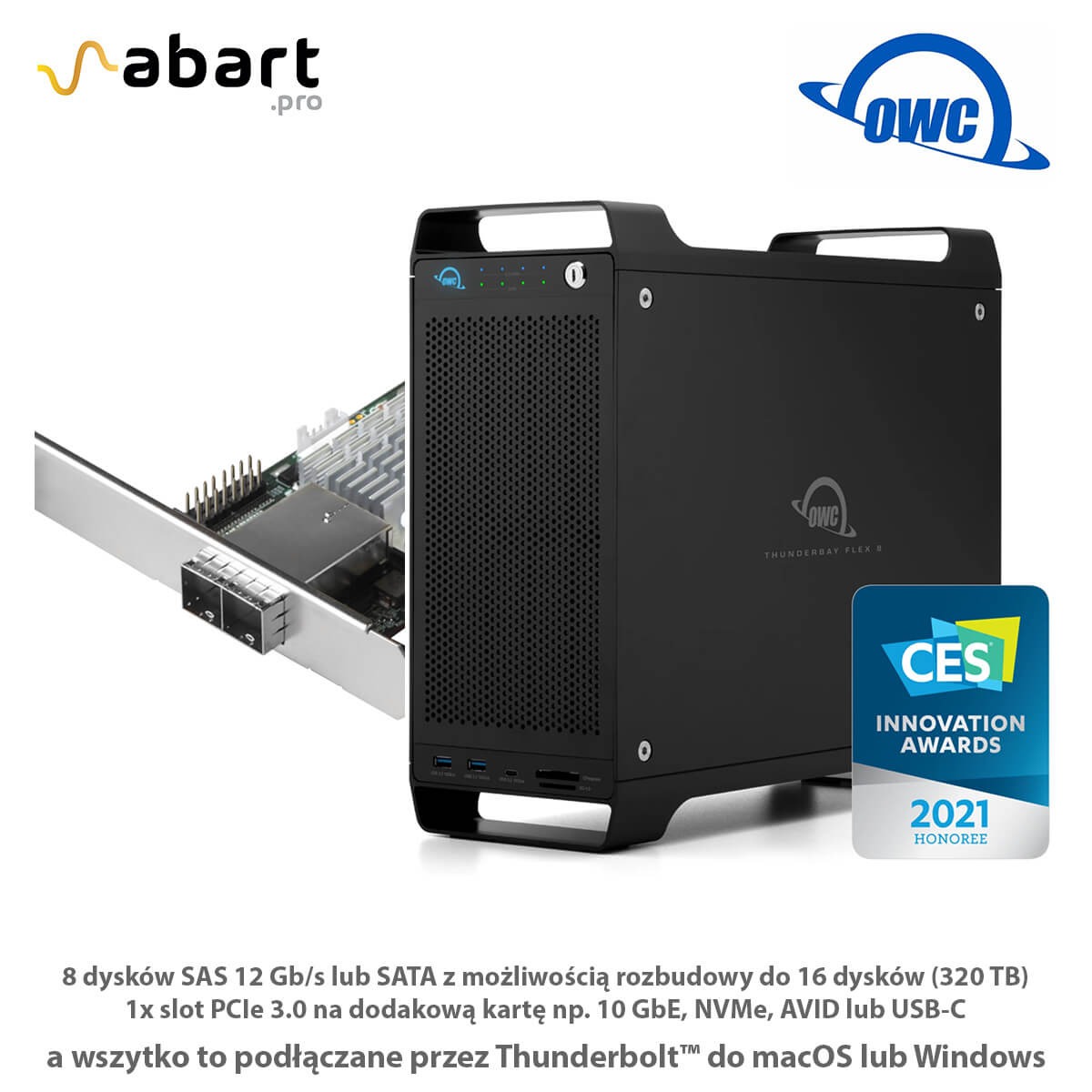 OWC ThunderBay Flex 8 with support for up to 16 (320TB) 12Gb/s SAS drives
